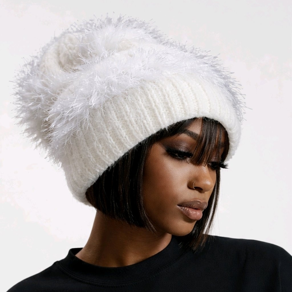 Pearl White Women's Warm Furry Slouchy Stocking Cap Hat Long Eyelash Yarn, NEW